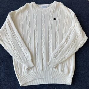 Izod Sweater Mens Extra Large Cream Cable Knit Pullover Crest Logo Cotton Casual
